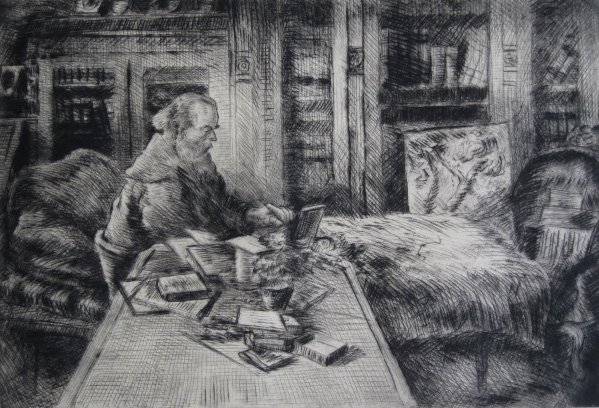 Grant Reynard etching: Grant Reynard (American 1887-1968)- ''Eilshemius''- etching, signed in pencil, two masking tape hinges along top edge, otherwise very good condition. 8 « x 12 3/8'' 216 x 314 mm