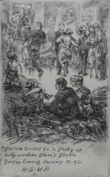 John Sloan etching: John Sloan (American 1871-1951)- ''Invitation to A Studio Party'' (Morse 200)- etching, 1920, signed and annotated '100 proofs' in pencil (75 were printed), very good condition. 5 ¬ x 7 «'' 132 x 18