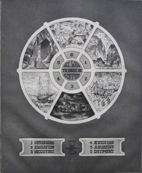 Reynold Weidenaar intaglio: Reynold Weidenaar (American 1915-1985)- ''Six Ways To Engrave Copper''- intaglio, signed and titled in pencil, two old masking tape hinges at top edge, one soft crease at bottom of image, otherwise ve
