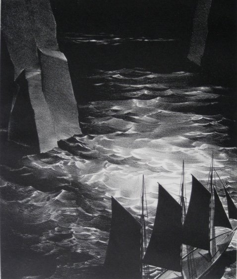 Stow Wengenroth lithograph: Stow Wengenroth (American 1906-1978)- ''The Third Sea'' (Stuckey 21)- lithograph, 1931, signed in pencil, edition of 54, two blue masking tape hinges along top edge, otherwise very good condition. 11 