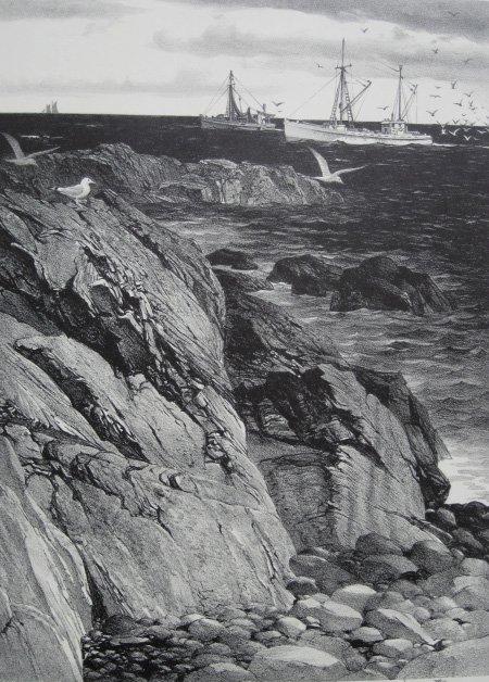 Stow Wengenroth lithograph: Stow Wengenroth (American 1906-1978)- ''Maine Tapestry'' (Stuckey 273)- lithograph, 1961, signed and annotated 'Ed./40' in pencil, two masking tape hinges along top edge, otherwise very good condition