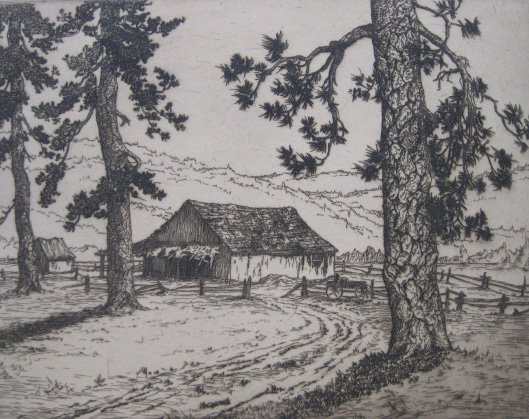 Melville T. Wire 6 etchings: Melville T. Wire (American 1877-1966)- ''Columbia River Crown Point''; ''The Deserted Barn''; ''Edge of The Wood''; ''The Friendly Oaks''; ''The Giant Myrtle''; ''High Desert Valley''- 6 etchings, all