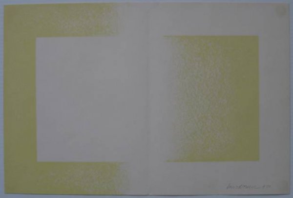 Richard Anuskiewicz lithograph: Richard Anuskiewicz- Untitled- lithograph, 1970, signed and dated in pencil, fold down middle as should be, glue residue stains in all 4 corners verso. 11 1/8 x 16 3/4''