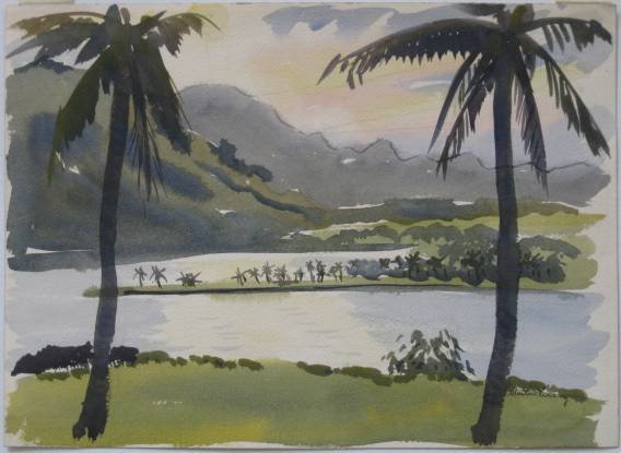 Richard Andres 6 watercolors: Richard Andres- Landscapes- 6 watercolors on paper, all signed; together with 1 watercolor on paper by Martin Linsey of a Tropical Landscape. 10 x 14'' (largest)