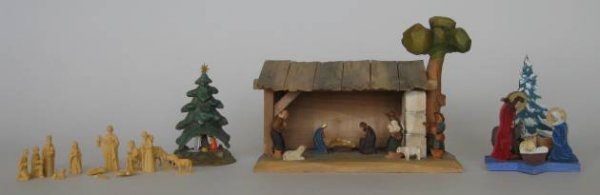 4 Creche sets: 4 Early to Mid 20th c. Creche sets, 3 German and 1 Italian- Donkey figure has detached from set, otherwise good condition. various sizes