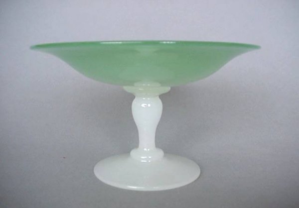 Steuben Green Jade compote: Steuben Green Jade compote- green jade bowl set on alabaster stem. 3 1/2''h