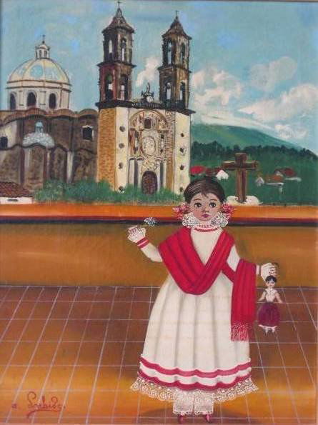 Agapito Labios oil: Agapito Labios- Young Girl with Doll- oil on canvas, signed lower left. 24 x 18 1/4''