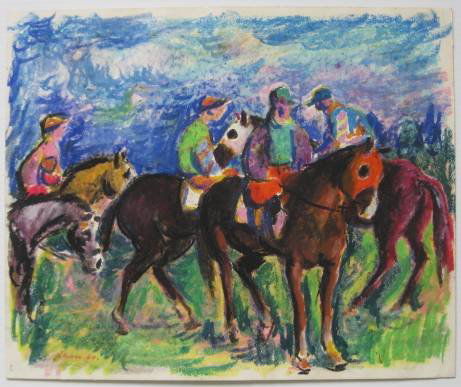 Gustav Likan pastel: Gustav Likan- ''Before The Race''- pastel on paper, 1960, signed and dated lower left. 13 1/2 x 16 1/2''