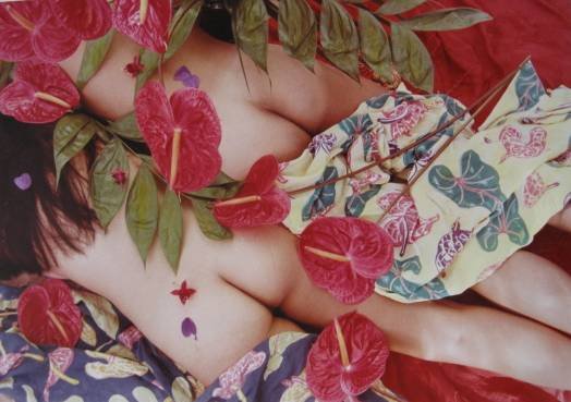 Jerry Burchard photograph: Jerry Burchard- Untitled (Nude with Flower)- ekta color 74 photograph, 1978, signed in pen. 16 x 20'' Provenance: Robert T. Miller Gallery, New York.