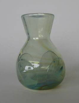 Labino art glass vase: Labino art glass vase, 1970- bulbous form with four applied circles, sea green glass, signed and dated. 6 5/8''