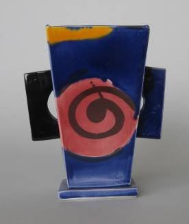 Judith Salomon ceramic vase: Judith Salomon- Untitled- ceramic vase with two handles, in blue, red and orange glazes, signed on bottom. 5 1/4''h