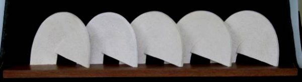 Helen Beling ceramic sculpture: Helen Beling- ''Parade''- ceramic sculpture mounted on wood base, initialled 'H.B.' on wood base. 40 x 8 7/8 x 8 1/2''