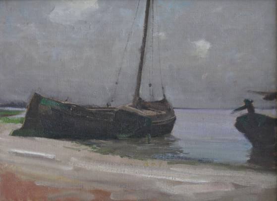 Henry G. Keller oil: Henry G. Keller- ''Fishing Boats on The Maas''- oil on panel. 14 x 19'' Exhibited: Henry G. Keller Exhibition, Baldwin-Wallace College, Berea, Ohio, 1962.