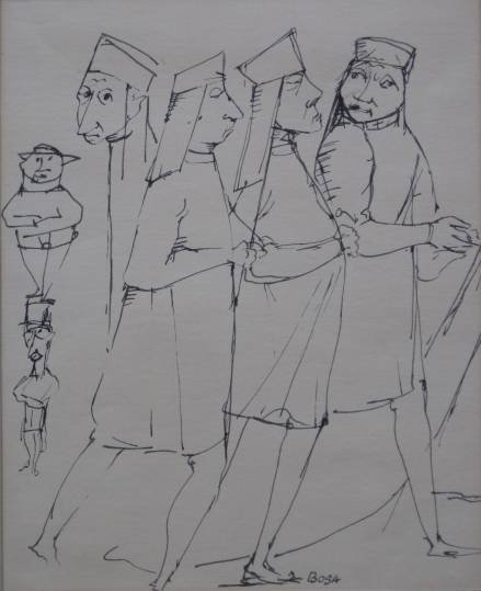 Louis Bosa pen and ink: Louis Bosa- Nuns and Priest- pen and ink on paper, signed Bosa lower right, taped to top mat around edges with masking tape, otherwise good condition. 11 x 9 1/2''