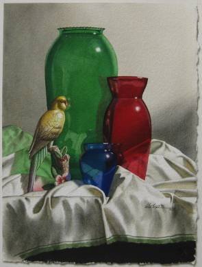 Michael Weber watercolor: Michael Weber- Still-Life of Canary and Vases- watercolor on paper, signed Weber AWS lower right, very good condition. 15 x 11 1/4''