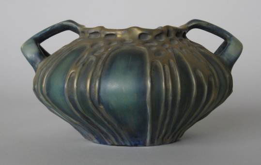 Austrian Amphora pottery vase: Austrian Amphora pottery vase, compressed ovoid form with gold netting over green, branch handles. 4''h, 8 1/2''dia