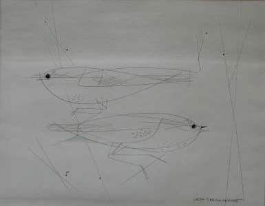Viktor Schreckengost pen and ink and watercolor: Viktor Schreckengost- Two Birds- pen and ink and watercolor on paper, signed Viktor Schreckengost lower right, very slightly light struck. 11 x 14''