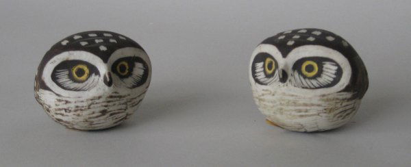 Gustavsberg stoneware: Gustavsberg stoneware- Owls, c. 1965, artist signed, original paper labels, very good condition. 1 13/16''h