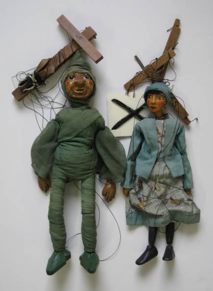 2 marionettes: 2 20th c. Marionettes- 1 Woman in dress, 1 Elf, some wear, scratches, nicks and cracks, fair condition. 16''l, 18''l