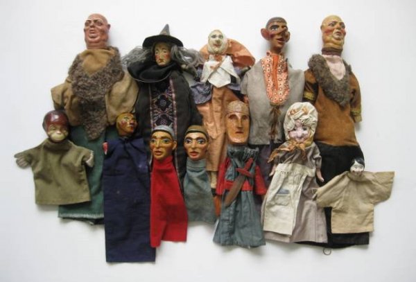 10 Assorted hand puppets: 10+ Assorted hand puppets- knight with sword, 4 female, 6 male and a monkey, some wear, fair condition. various sizes