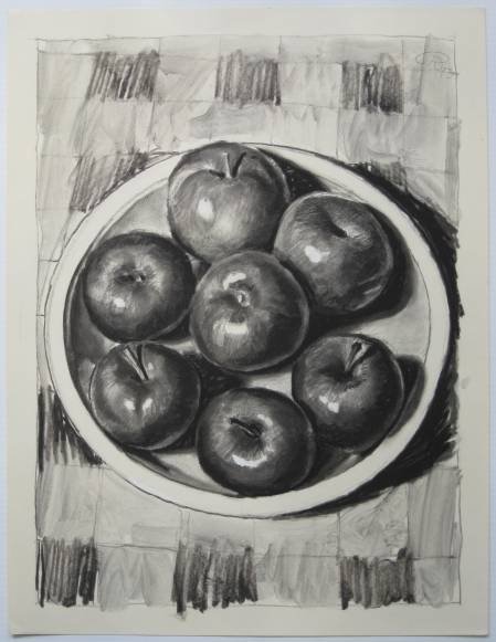 Richard Hickam charcoal drawing: Richard Hickam- Apples in A Bowl- charcoal and white highlights on paper, 1975, initialled and dated upper right, good condition. 19 x 14 1/4''
