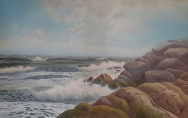George Howell Gay watercolor and gouache: George Howell Gay- Coastal Scene- watercolor and gouache on paper mounted to cardboard, signed Geo. Howell Gay lower right, very minor staining. 16 x 25''