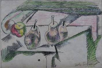 William Sommer drawing: William Sommer- Still-Life of Pears and Apple- pen and ink and colored pencil on paper, signed Wm. Sommer lower right, some staining throughout. 4 1/4 x 6 3/4''