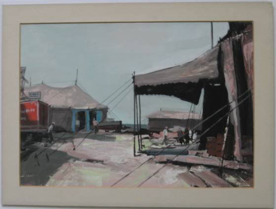 Carl Gaertner gouache: Carl Gaertner- ''Mess Tent''- gouache on illustration board, 1952, signed Carl Gaertner 1952 lower right. 11 3/4 x 17'' Exhibited: 35th May Show, Cleveland Museum of Art, Cleveland, Ohio; Paintings by