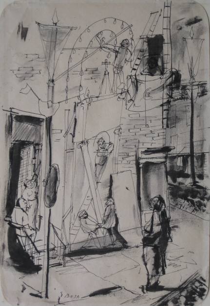 Louis Bosa ink and pen drawing: Louis Bosa- Study of Gloria- ink and pen on paper, signed in ink, slight mat burn, minor creases, pencil marks and some staining on verso, otherwise good condition. 9 1/8 x 6 1/4''