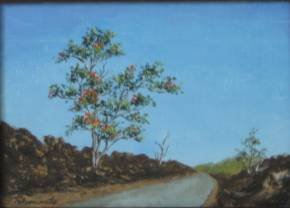 Kay Yamamoto oil: Kay Yamamoto- ''Ohia Along A Volcano Scenic Drive''- oil on canvasboard, 1977, signed K. Yamamoto lower left, signed and titled verso. 5 x 7''