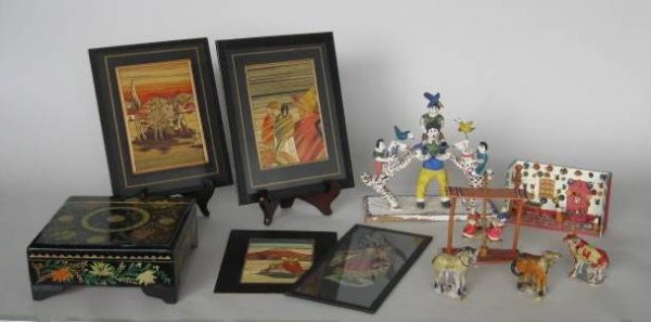 11 Mexican items: 11 Early to Mid 20th c. Mexican items- A merry-go-round, a model kitchen, a small ceramic donkey and 2 cows, a painted ceramic of figures, large lacquered box, 4 straw picures; fair condition. various