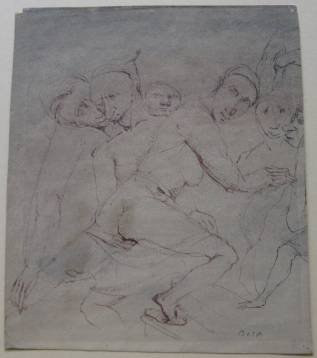 Louis Bosa pen and ink drawing: Louis Bosa- The Thief- pen and ink on paper, signed in ink, fair condition: pin point holes in all corners, some soiling and staining, upper left corner torn off. 8 7/8 x 7 1/2''