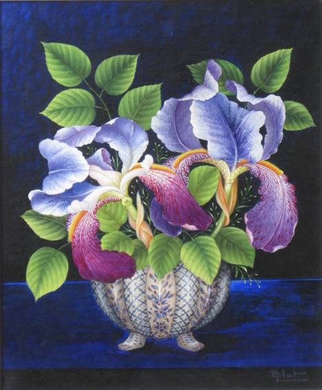 L. Blov oil: L. Blov- Beaded Iris- oil on canvas, signed lower right, very good condition. 17 1/2 x 14 1/4''