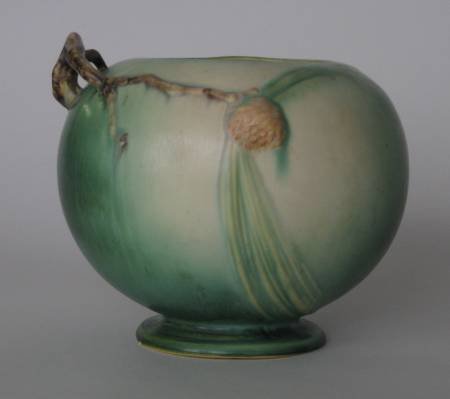 Roseville Green Pine Cone vase: Roseville Pine Cone green vase- bulbous form, gold foil label. 6''h