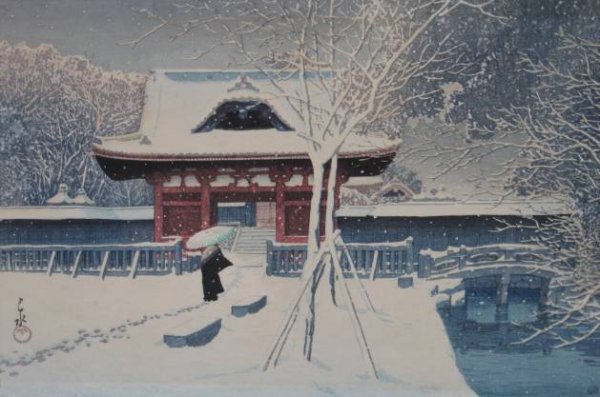 Kawase Hasui woodblock: Kawase Hasui- ''Shiba Koen no Yuki'' (Hotei 244)- woodblock in colors, 1931, Hasui signature with Kawase seal, publisher: Watanabe Shozaburo, paper slightly age toned and light struck, 6 areas of mask