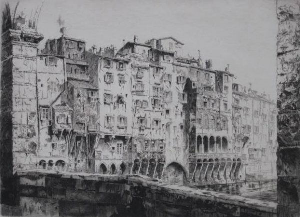 John Taylor Arms etching: John Taylor Arms- ''From the Ponte Vecchio, Florence'' (Fletcher 159)- etching, 1925, signed and annotated '''Trial Proof No. 1' before the aquatint in the foreground one of three proofs'' in pencil,
