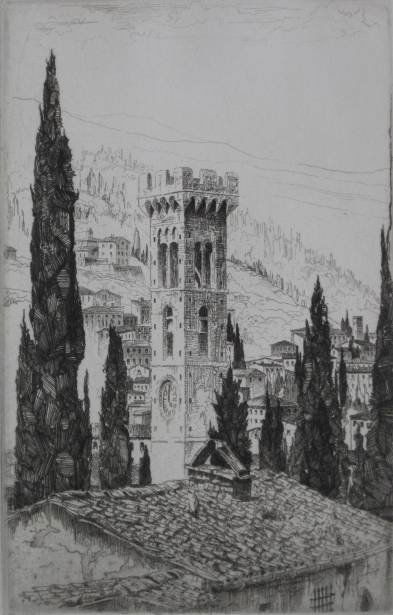 John Taylor Arms etching: John Taylor Arms- ''Fiesole'' (Fletcher 169)- etching, 1925, signed and dated in pencil, edition of 150, very good condition. 7 7/8 x 5 1/8''