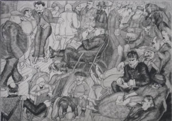 Peggy Bacon drypoint: Peggy Bacon- ''The Promenade Deck'' (Flint 47)- drypoint, 1920 , signed and titled in pencil, edition of about 500. 6 x 8 1/4''