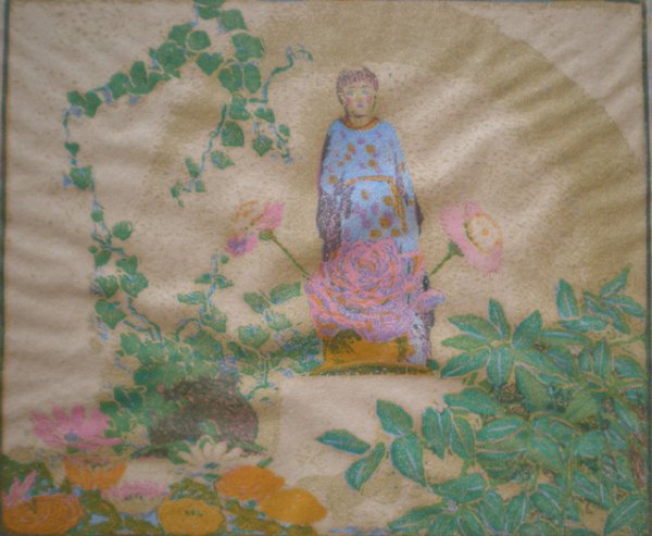 Gustave Baumann woodcut: Gustave Baumann- ''Santo''- woodcut in colors, ca. 1920, titled and numbered 25/100 in pencil, artist's red chop, light struck and mat burn. 9 9/16 x 11 1/4''