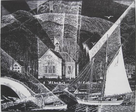 Carrol Thayer Berry woodcut: Carrol Thayer Berry- ''The Library- Camden, Maine'' (Dearborn 85)- woodcut, 1949, signed and titled in pencil, edition of 100, very good condition. 9 7/8 x 12''