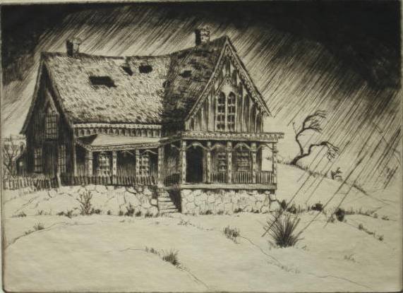 Lowell Bobleter drypoint: Lowell Bobleter- ''Ghost Town Mansion''- drypoint, signed and numbered 1/50 in pencil, tape mark on upper irght corner, soiling in left margin otherwise very good condition. 7 1/16 x 9 5/8''