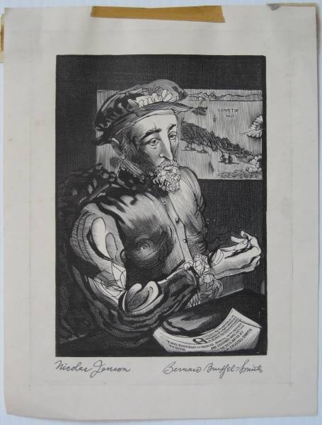 Bernard Brusel-Smith wood engraving: Bernard Brussel-Smith- ''Nicolas Jenson''- wood engraving, signed and titled in ink, old tape marks recto and verso otherwise very good condition. 5 15/16 x 4 1/8''