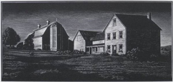 Asa Cheffetz wood engraving: Asa Cheffetz- ''Break of Day (Vermont)'' (Springfield 69)- wood engraving, 1944, signed and titled in pencil, very good condition. 4 3/4 x 10''