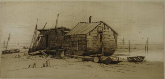 Henry Farrer 2 etchings: Henry Farrer- ''On New York Bay''; ''A Seaside Residence''- 2 etchings, 1879, 1881, 'On New York Bay' as published in the ''Art Review Portfolio'', minor foxing. 4 5/8 x 7 3/8''; 5 7/8 x 11 7/8''