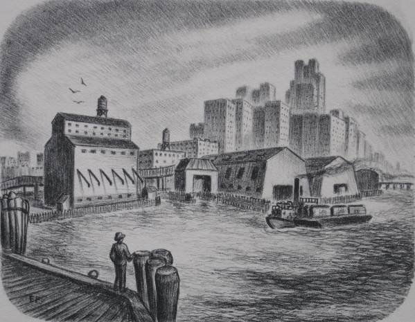 Edward Ferguson lithograph: Edward Ferguson- ''View of Manhattan''- lithograph, 1938, signed, dated, titled and numbered 23 in pencil, edition of 23, probably done for the WPA, very good condition. 6 1/4 x 8''