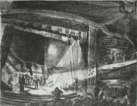 Eugene Fitsch lithograph: Eugene Fitsch- ''West Hampton Rehearsing''- lithograph on blue paper, signed, titled and numbered 2/14 in pencil, pencil marking in lower margin, small tears along bottom edge, tape marks in corner, o
