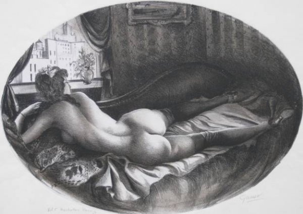 Emil Ganso lithograph: Emil Ganso- ''Manhattan Venus'' (Smith L-46)- lithograph with colored tones on chine colle, 1935, signed, titled and inscribed 'Ed. 5' in pencil, minor creasing in margins, otherwise very good conditi