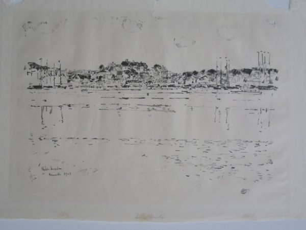 Frederick Childe Hassam lithograph: Frederick Childe Hassam- ''Inner Harbor'' (Griffith 16)- lithograph, 1918, signed with cipher in pencil, edition of 104, slightly light struck, 3 areas of paper loss in top margin, some creasing in up