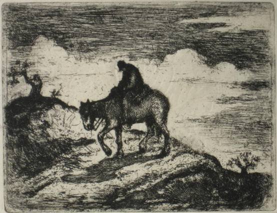 Eugene Higgins etching: Eugene Higgins- ''Horseman Going Over A Hill'' (Library of Congress 101)- etching, 1933, signed and annotated 'Imp' in pencil, printed on wove Japan, with watermarkes lotus leaf and Japan, good condit