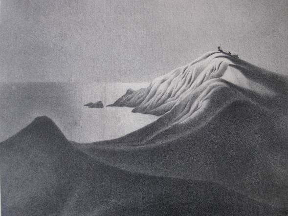 Ellison Hoover lithograph: Ellison Hoover- Coastal Scene- lithograph, signed in pencil, 1'' tear in right margin- does not go into the image, light struck and mat burn. 9 7/8 x 13''